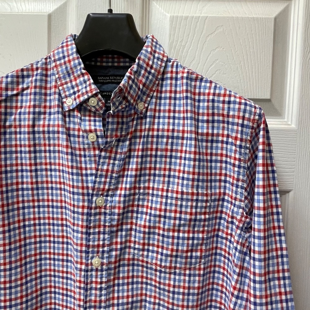 Banana Republic Men's M Camden Fit Shirt Red/Blue Gingham Textured Oxford EUC